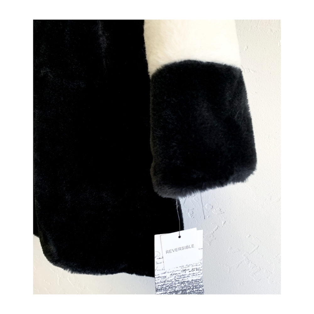 Kensie Black Faux Fur Teddy Coat with White Sleeve Bands - Picture 3 of 6